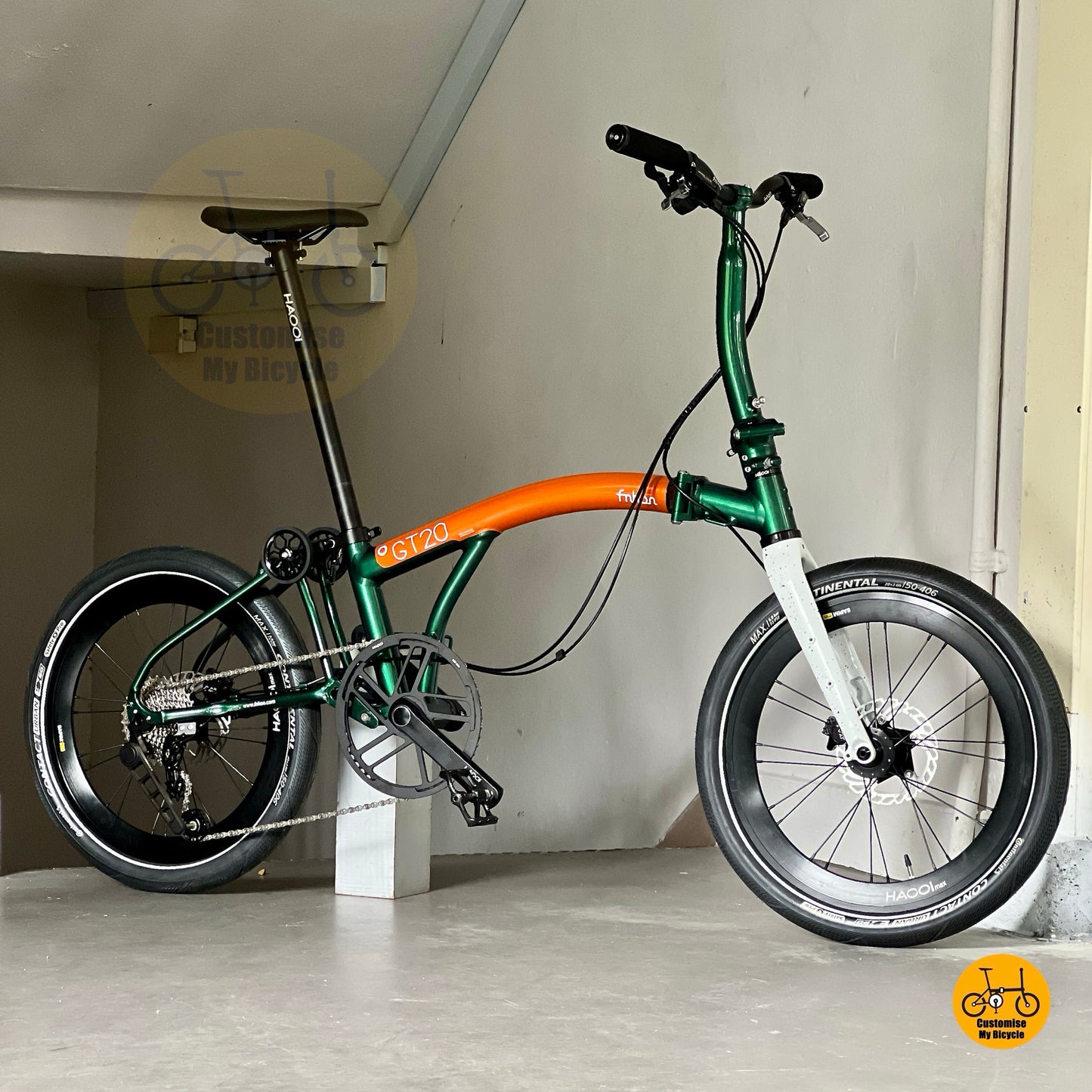 Fnhon GT20 20 inch foldable bicycle Orange Teal Green lightweight aluminium alloy body compact city folding bike overall angle view