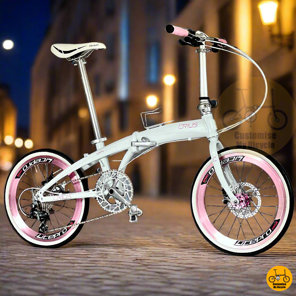 Snow White Crius Velocity 20 Inch Foldable Bike With Baby Pink Accents And Litepro Wheels  
