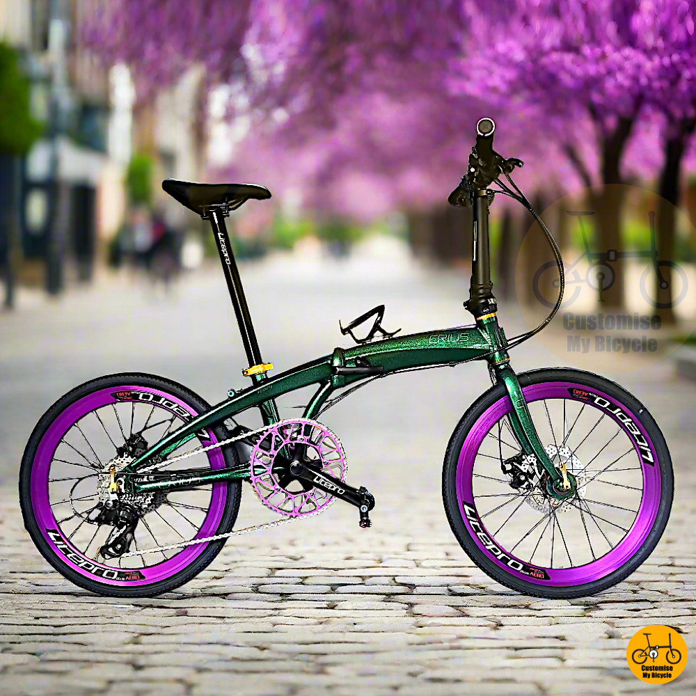 Crius Velocity 22-inch Folding Bike – Chameleon Green Frame with Purple Wheels
