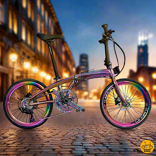 Crius Velocity 22-inch Folding Bike – Oil Slick Frame with Gradient Rainbow Wheels
