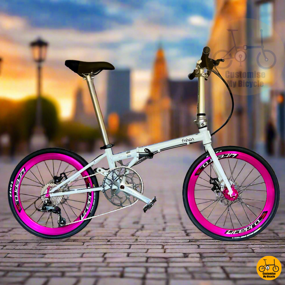 Fnhon Tornado folding bike with hot pink rims
