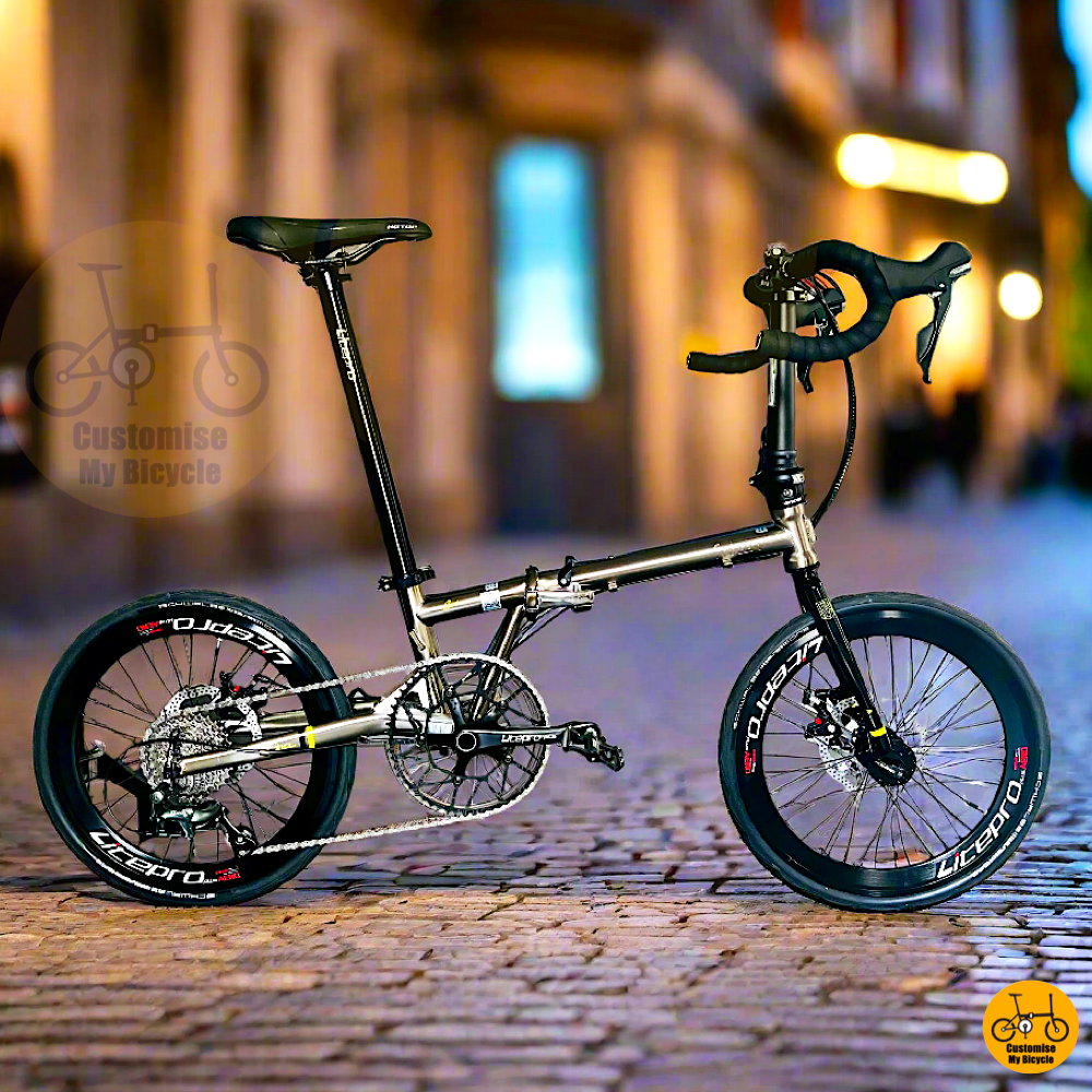 Fnhon Gust 20-inch Folding Bike – Titanium Gold Frame with Drop Bar & Shimano Tiagra
