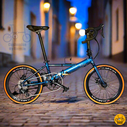 Fnhon Monsoon 22-inch folding bicycle with chameleon blue frame and dropbar
