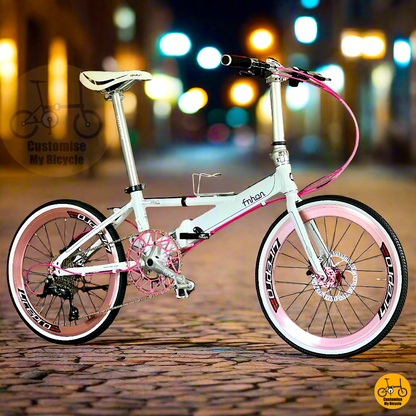 Fnhon Monsoon 22-inch folding bike with white wall tyres and Shimano 9-speed gears
