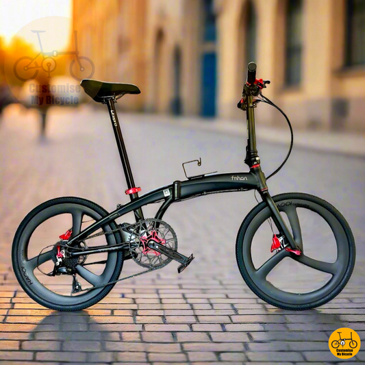 Fnhon Tornado 22-inch folding bike in matte black with red accent components
