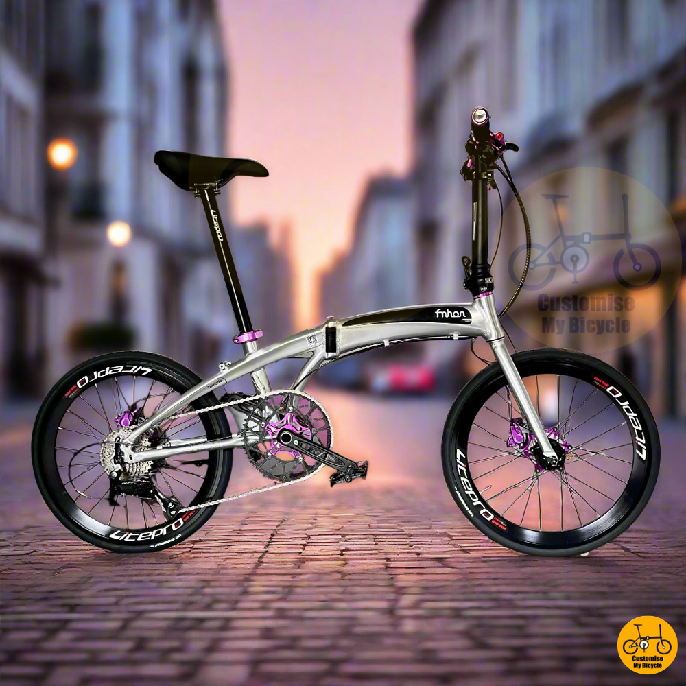 Fnhon Tornado 22” Polished Silver – Beautifyl Foldable Bicycle with Purple Accents

