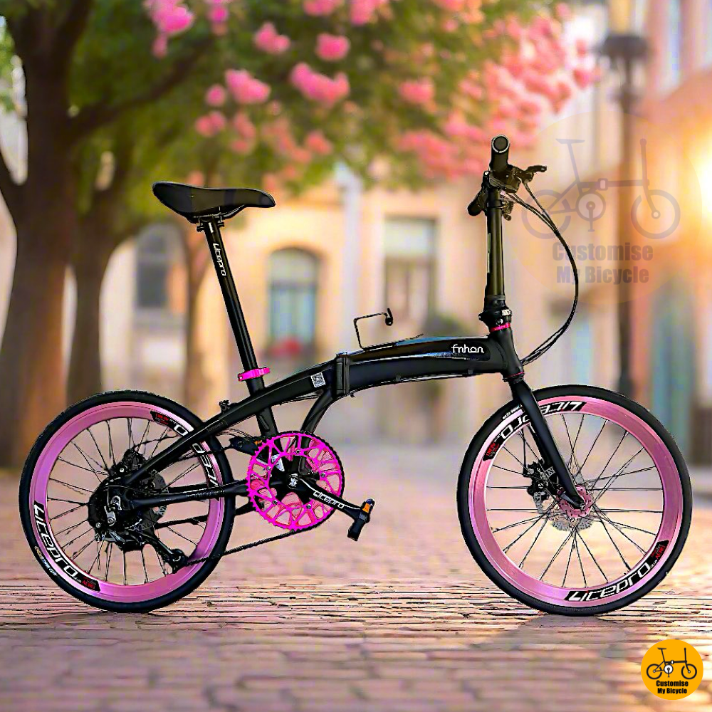 Fnhon Tornado 22-Inch Folding Bike – Matte Black Frame with Pink Accents
