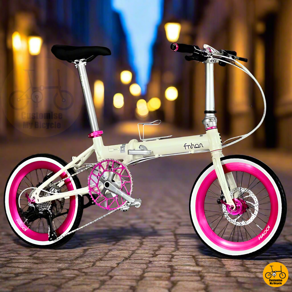 Beige and hot pink foldable bike with LTWOO 9-speed gears and lightweight aluminium frame  
