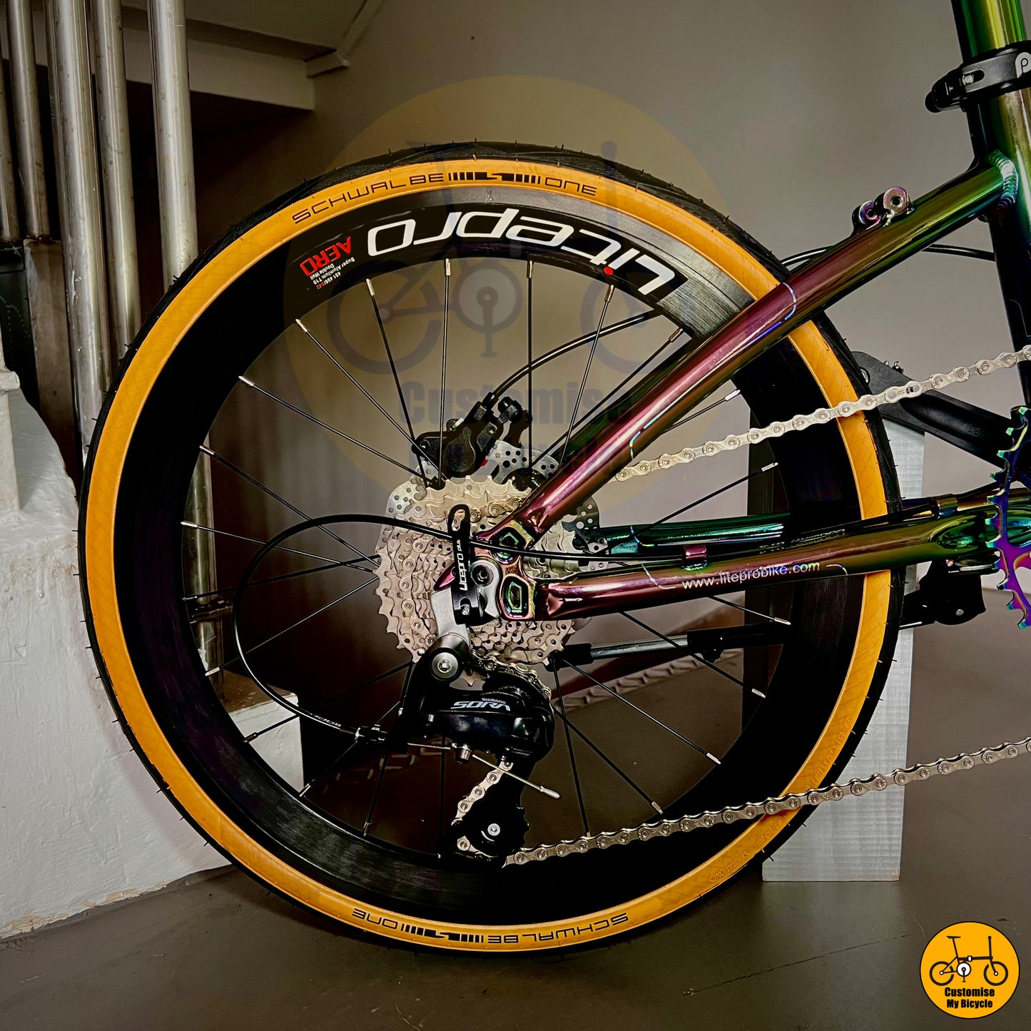 Schwalbe One tyre on Electroplated Crius Master 22-Inch Foldable Bicycle – Built for Speed & Style
