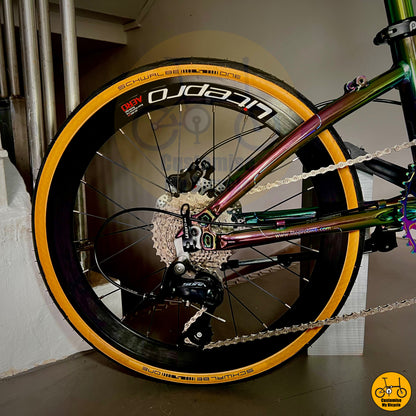 Schwalbe One tyre on Electroplated Crius Master 22-Inch Foldable Bicycle – Built for Speed & Style
