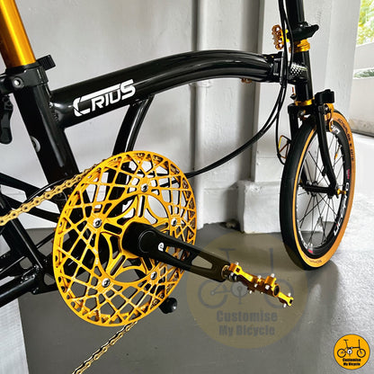 Trifold bicycle with lightweight 16” 349 wheels and gold chainring

