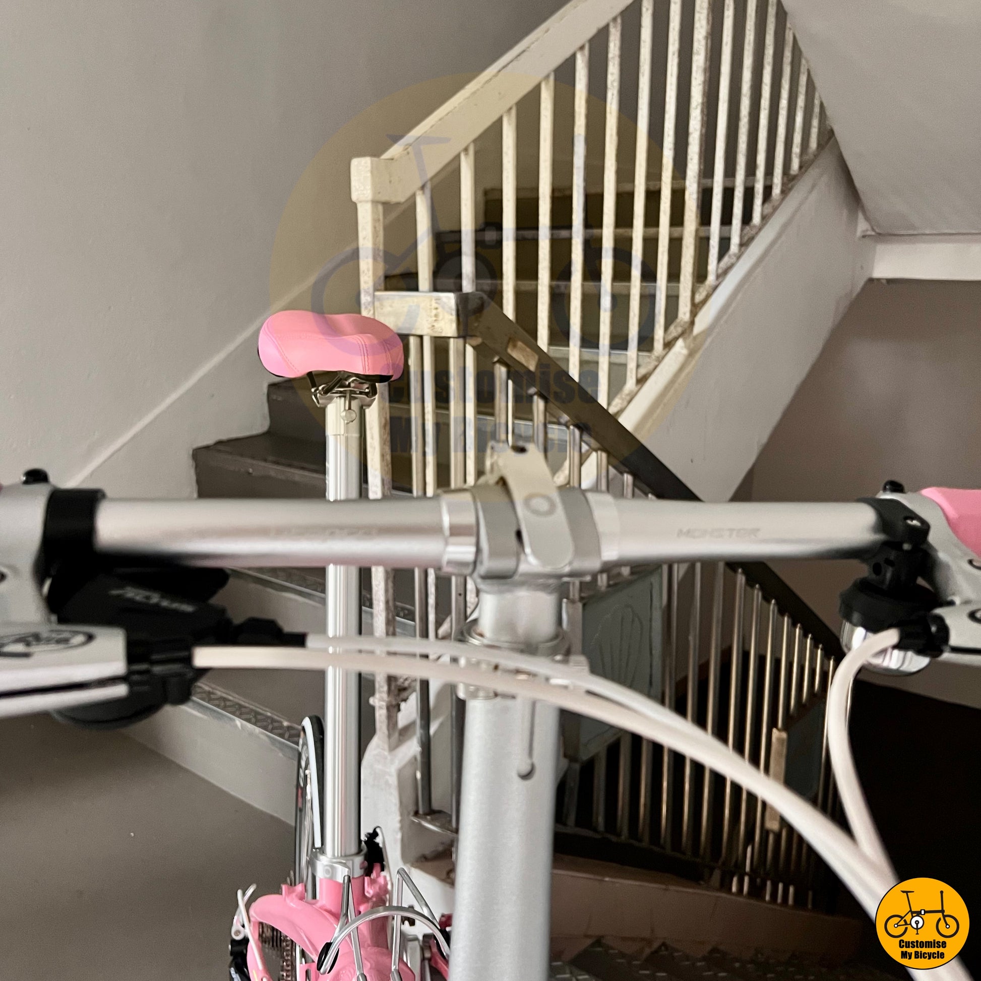 Baby pink foldable bike with reinforced frame and Litepro components
