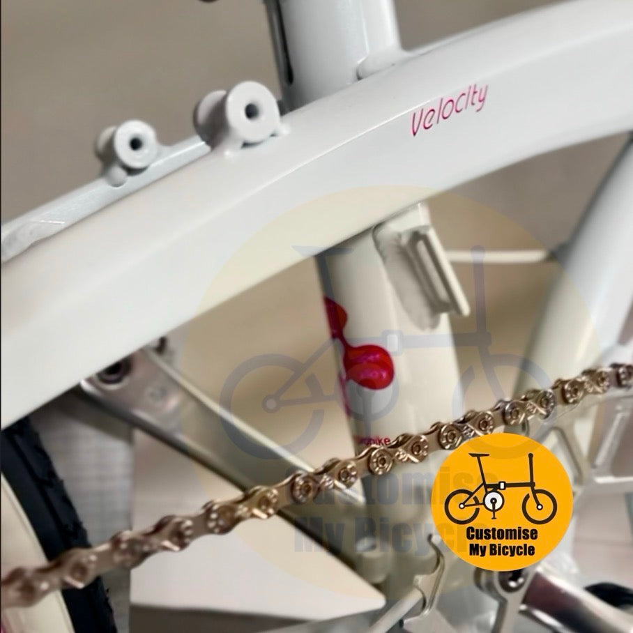 Snow White Crius Velocity 20 Inch Foldable Bike With Baby Pink Accents And Litepro Wheels  
