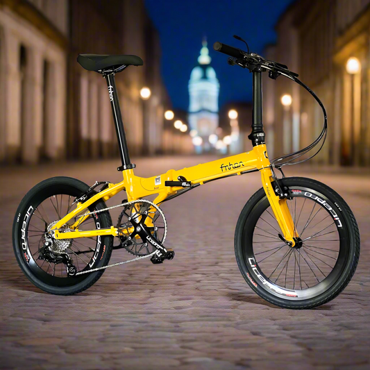Fnhon Blast 20 inch folding bike in golden yellow with Sensah 9 speed gears and Litepro components  
