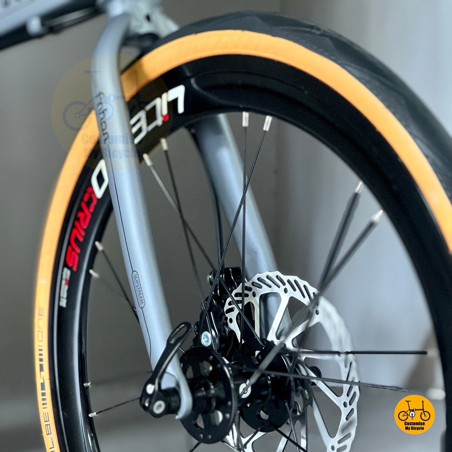 Front wheel close up Litepro aero smooth wheels fast rolling tyre folding bike
