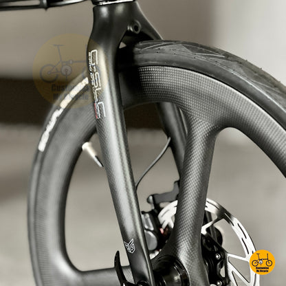 Close up of GPRO carbon front fork and carbon trispokes wheelset on Fnhon Blast
