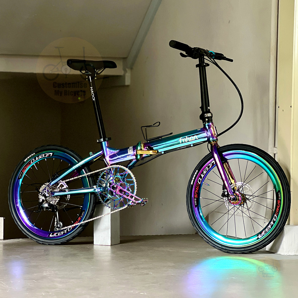 Sepeda lipat Fnhon 22 inch warna Oil Slick dengan Shimano 9 gears desain ringan dan ringkas