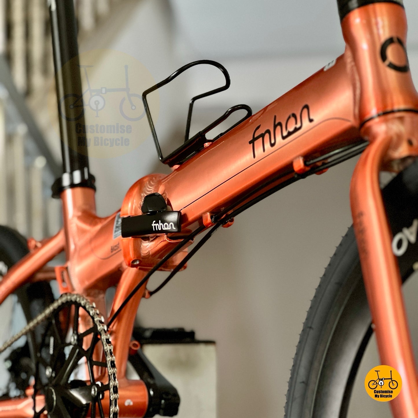 Front angled view showing Litepro aero high profile wheelset on Rose Gold frame
