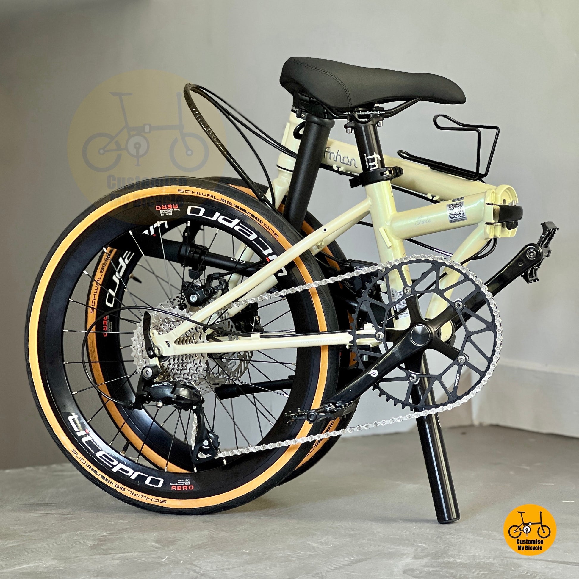 Compact foldable design of Fnhon Gale Beige 22-inch folding bicycle with strong chromoly steel frame
