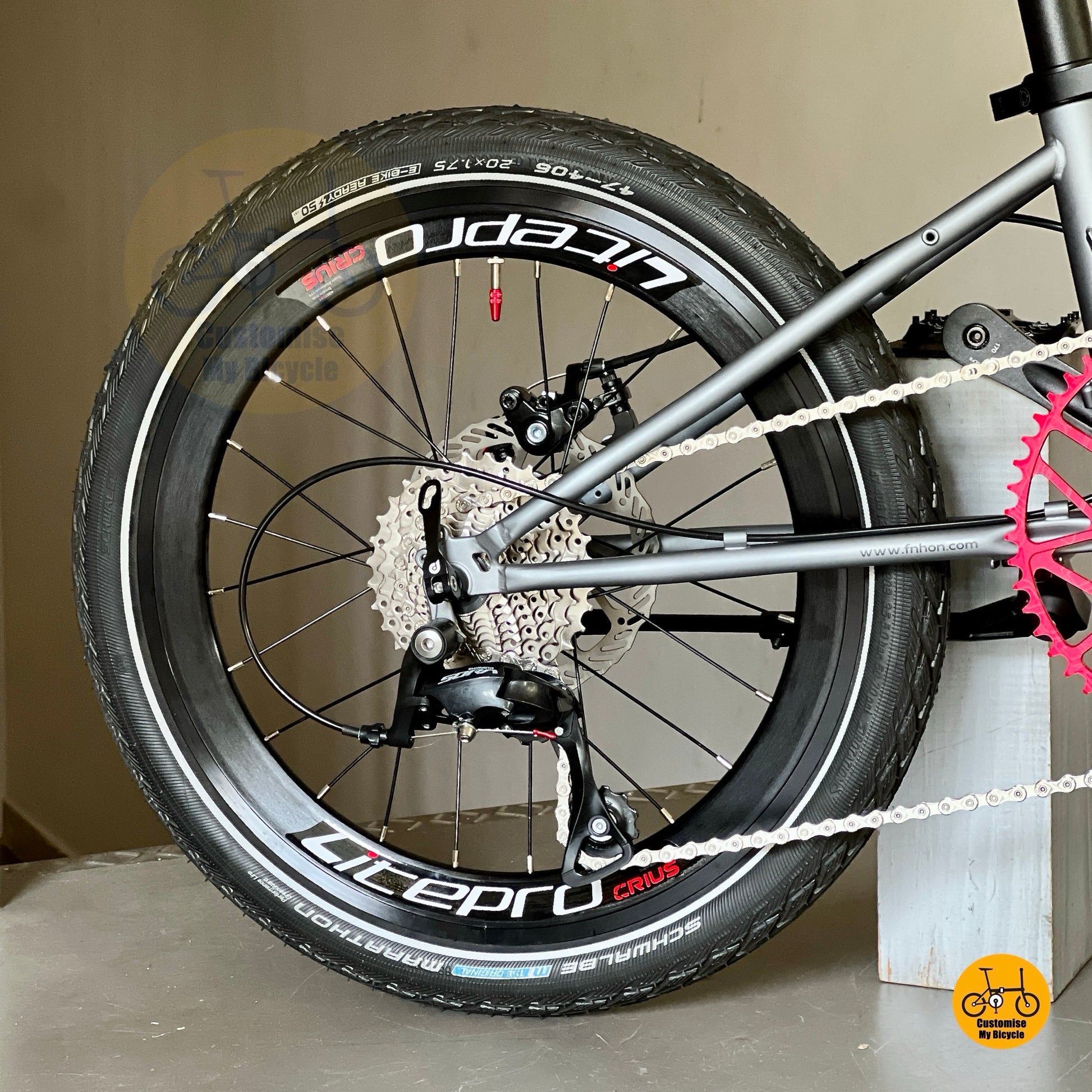 Shimano 9 speed gears close up derailleur cassette folding bike drivetrain detail