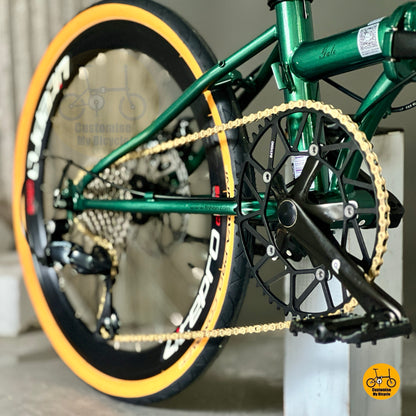  LITEPRO Hollowtech crankset close up and gold bicycle 9 gears 
chain