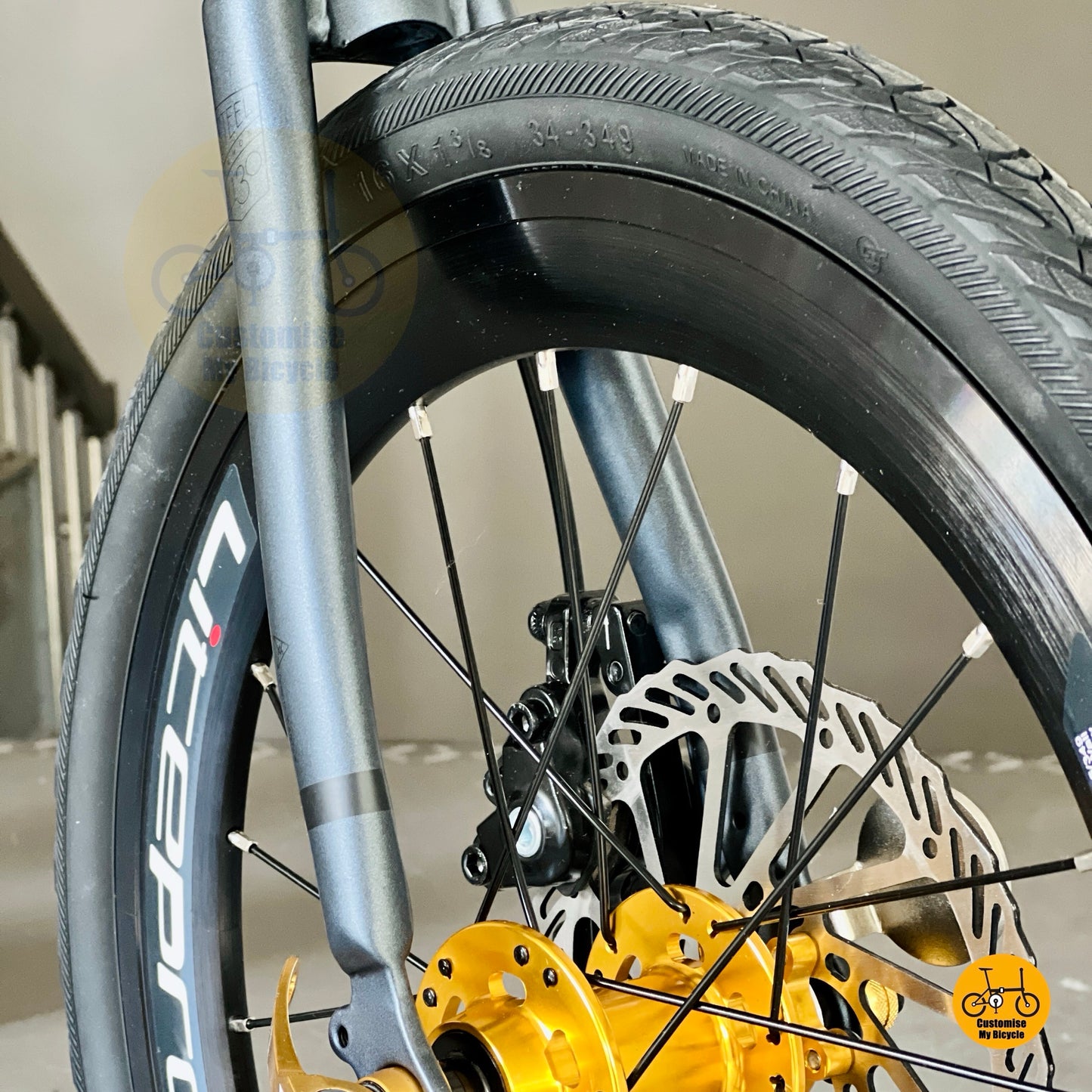 Fnhon Gust foldable bike CST fast rolling tyres close up front wheel
