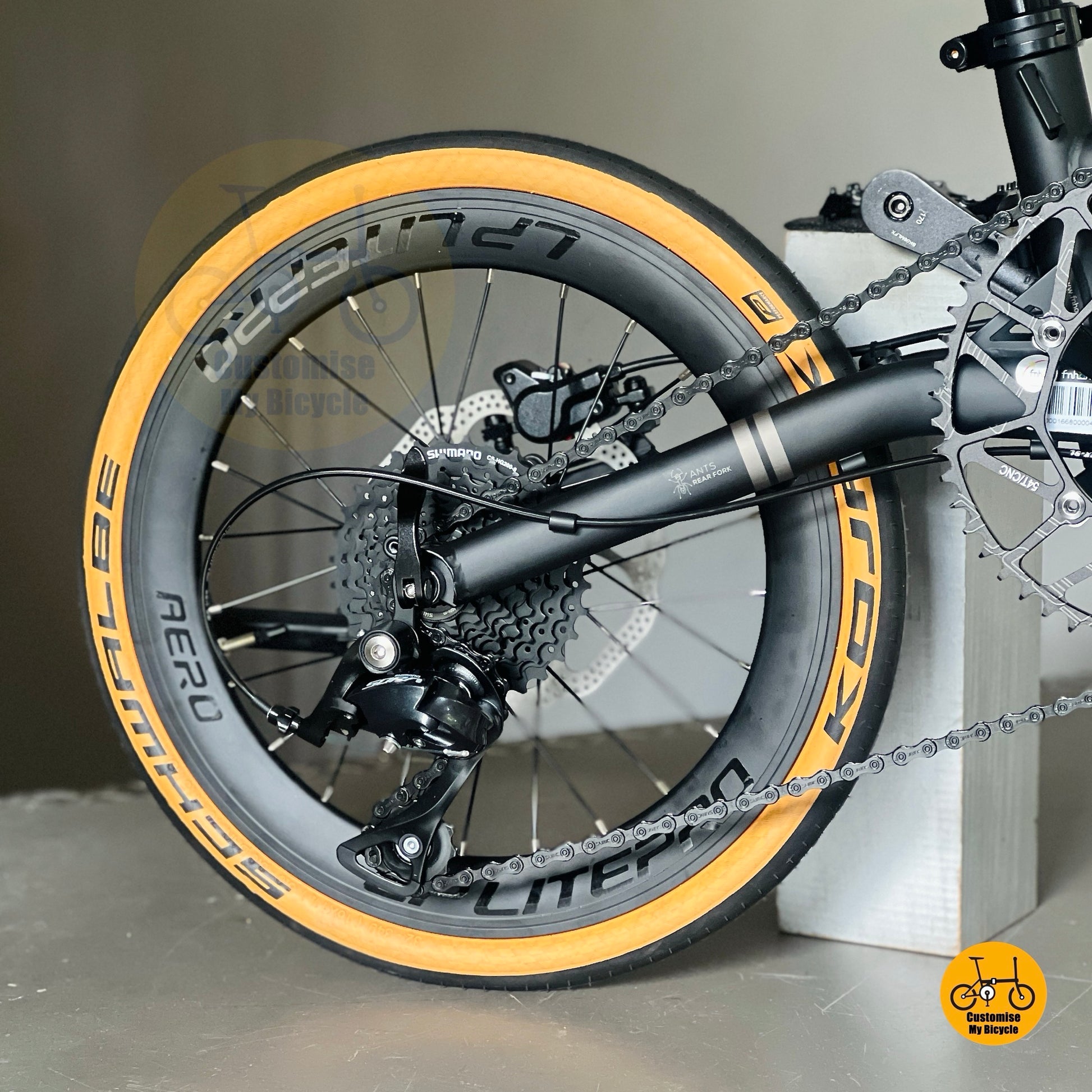 Folding bike rear view Shimano 9 speed drivetrain smooth shifting foldable bicycle
