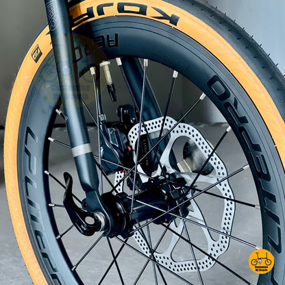 Folding bike close up Litepro hydraulic disc brake strong stopping power
