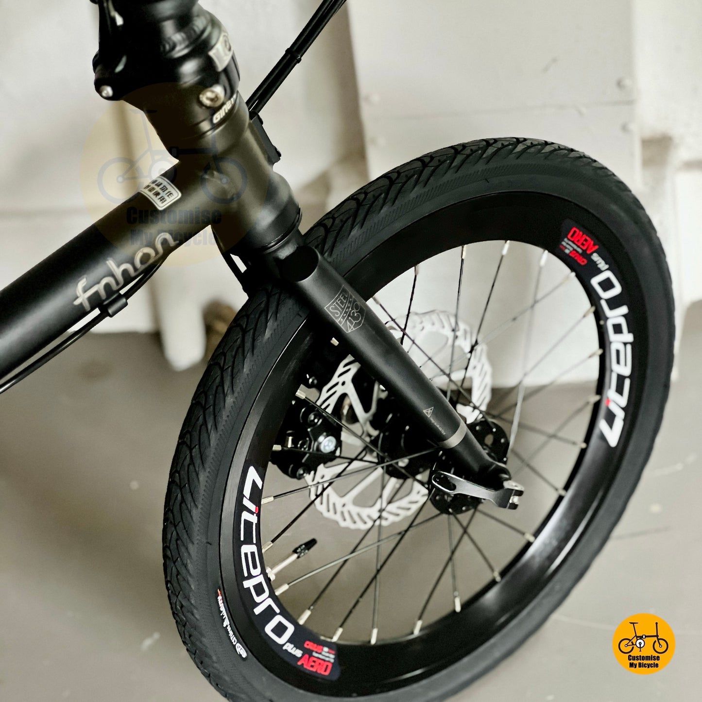 Fnhon Gust folding bike close up Litepro aero smooth front wheels CST tyres
