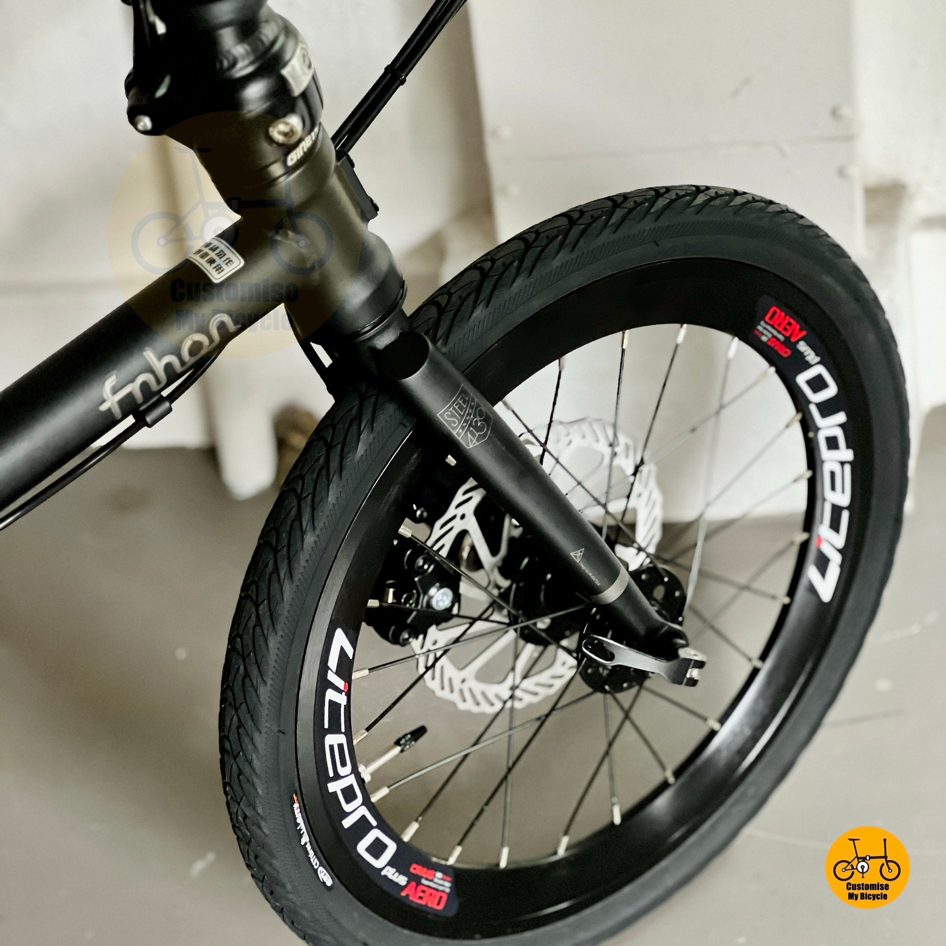 Fnhon Gust folding bike close up Litepro aero smooth front wheels CST tyres
