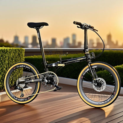 Fnhon Gust 22 inch Black Gold folding bike Shimano 9 gears chromoly steel frame
