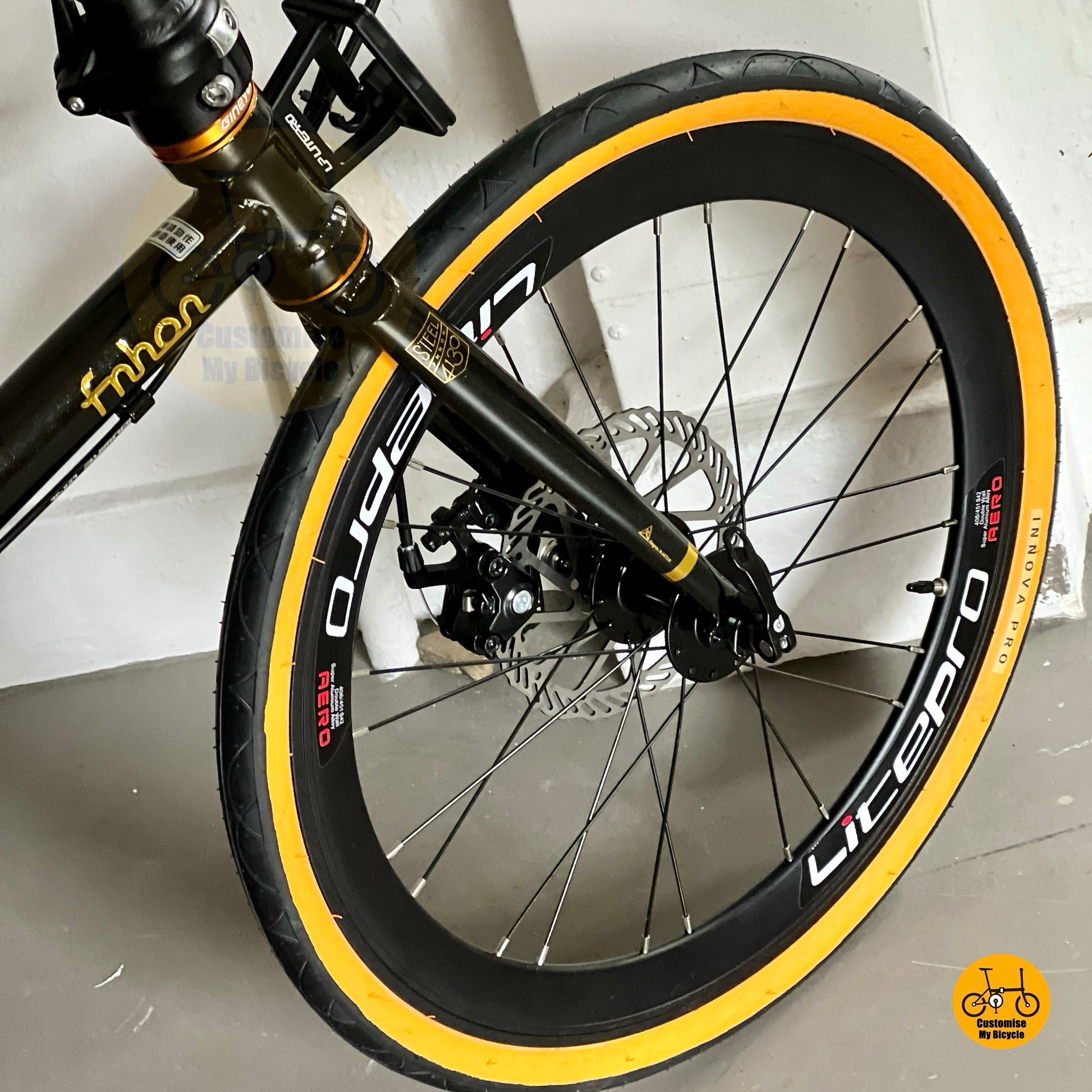 Lower front angle showing mechanical disc brake and Litepro high profile wheel
