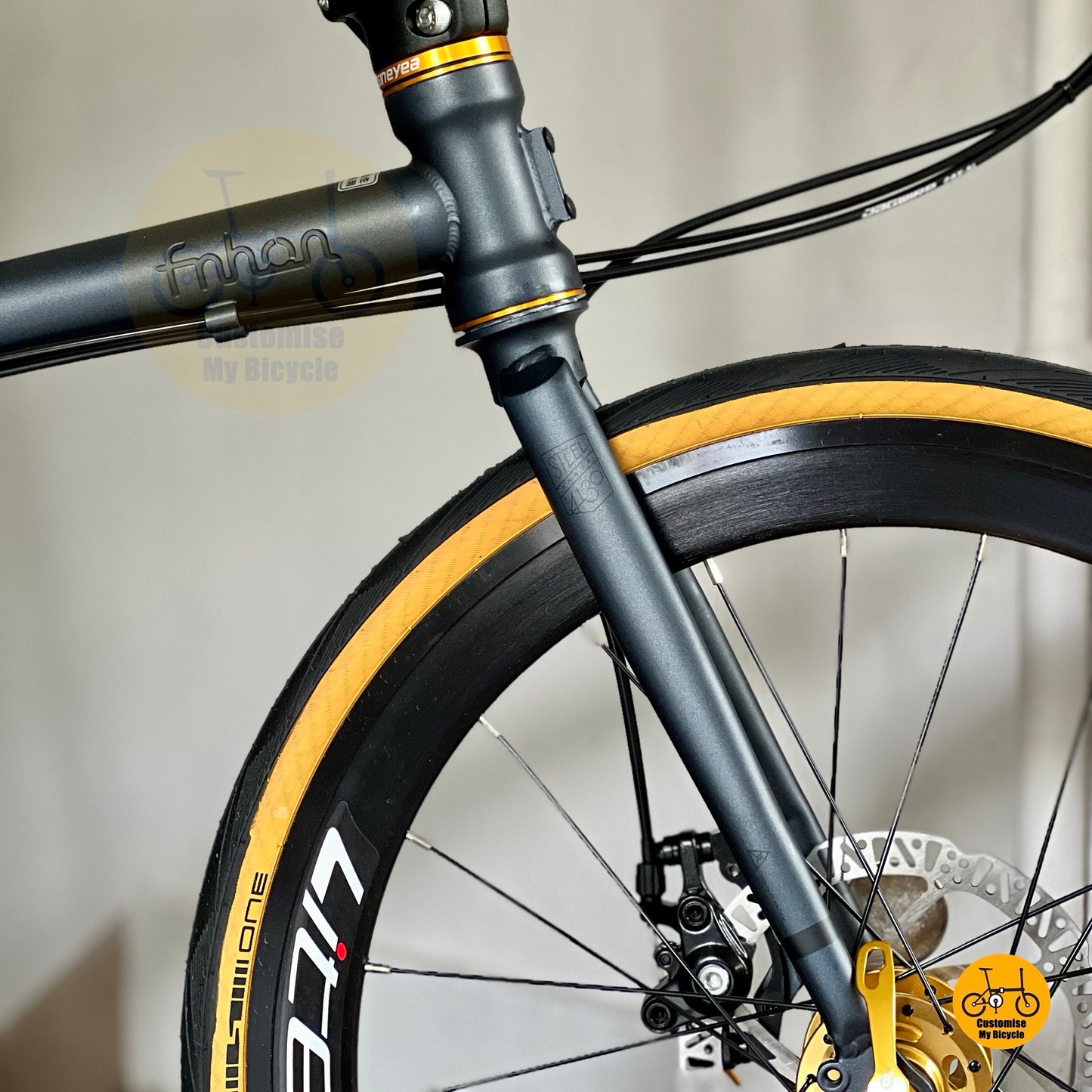 Strong front fork on Fnhon Gust 22-inch folding bike Dark Teal Blue with gold accent  
