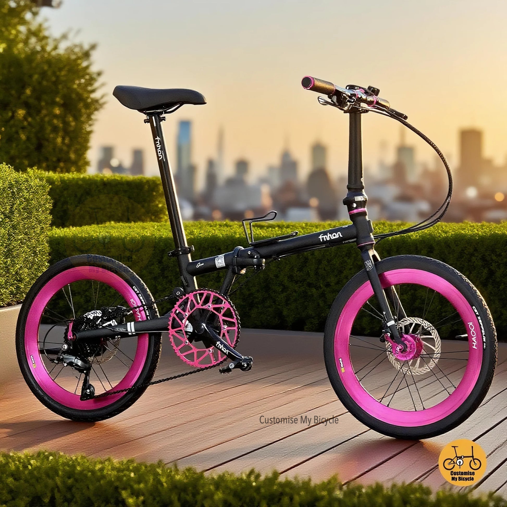 Fnhon Gust 20” Lightweight Foldable Bicycle Matte Black Shimano 9s Hot Pink Accents
