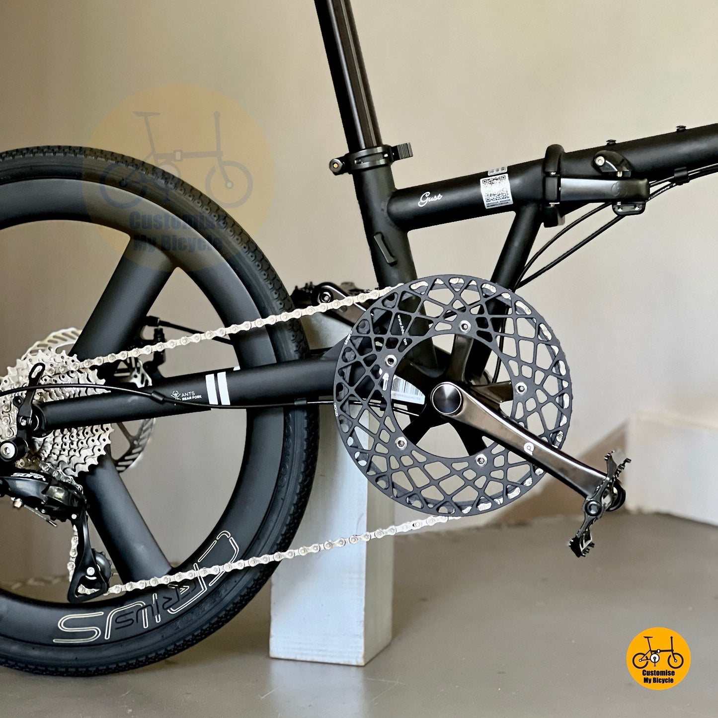 Close up of FNHON LITEPRO Hollowtech crankset and hollow 54t chainring
