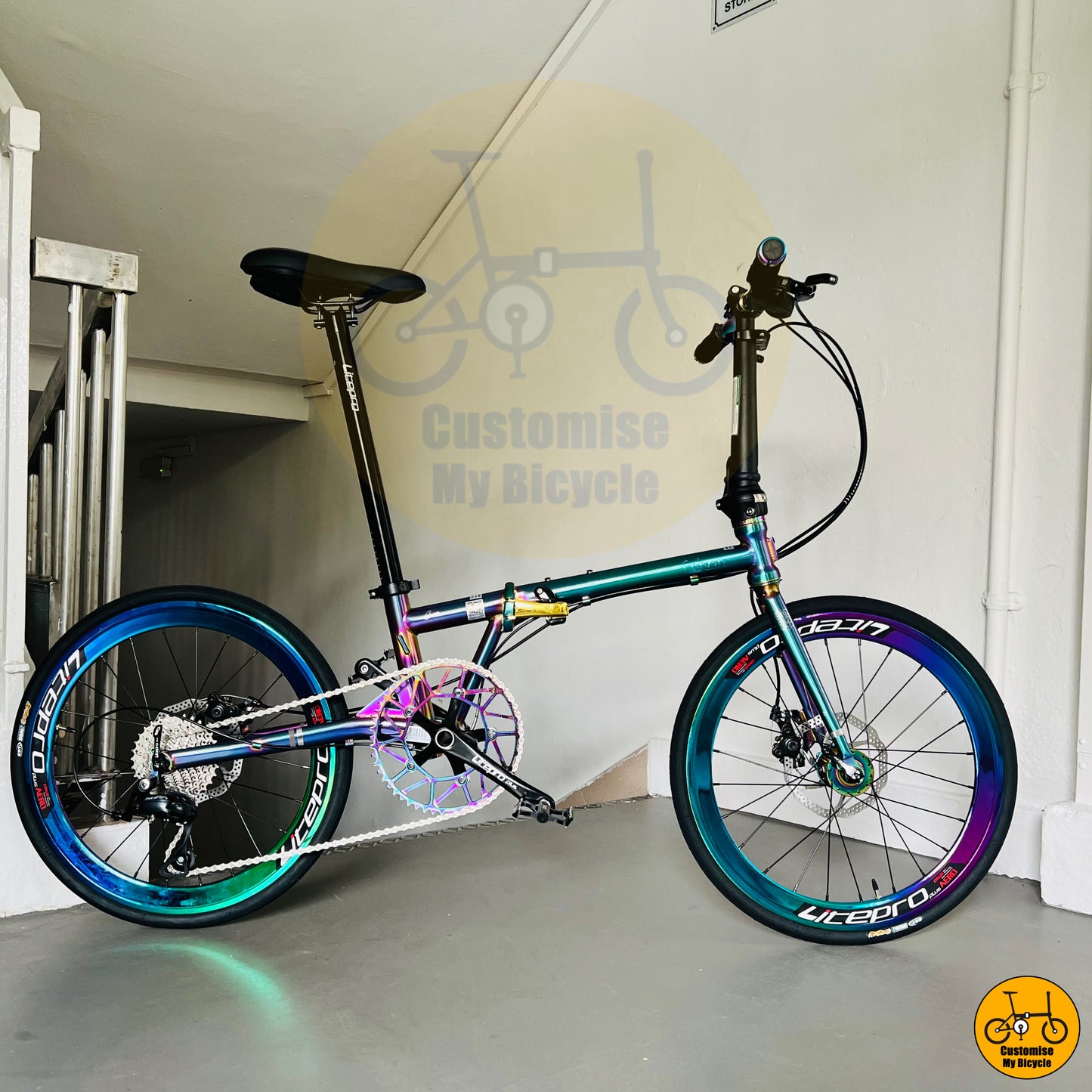 Fnhon Gust 22-Inci – Basikal Lipat Rangka Minyak Berwarna dengan Roda Pelangi
