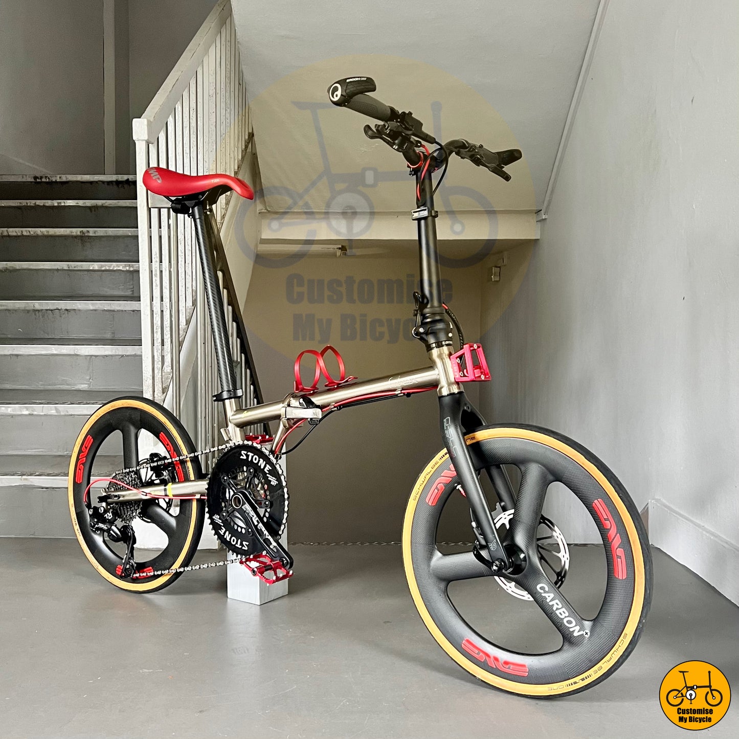 Fnhon Gust 20-inch Folding Bike – Titanium Gold Frame & Carbonician Trispokes
