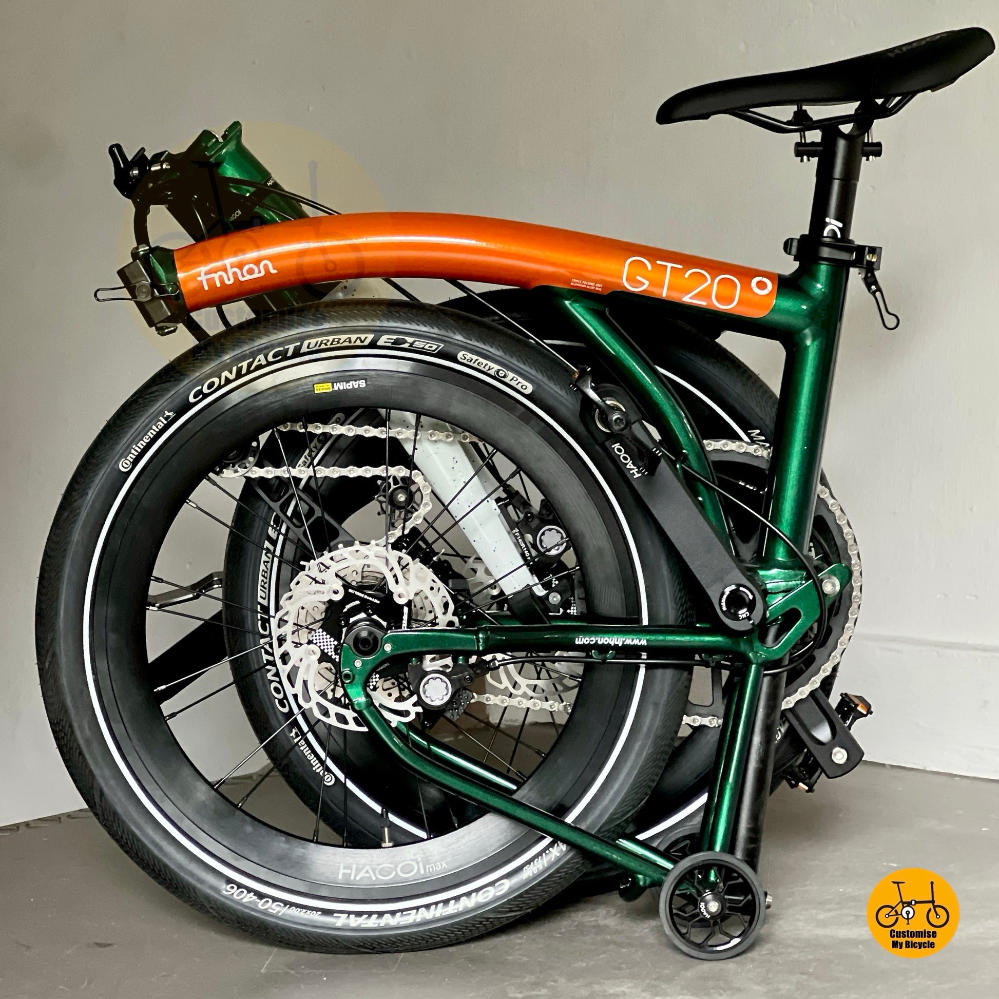 Folded Version of Fnhon GT20 20 inch folding bike Orange Teal Green compact urban commuter foldable bicycle ready for MRT bus travel