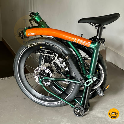 Fnhon GT20 20 inch foldable bicycle Orange Teal Green lightweight aluminium alloy body compact city folding bike overall angle view
