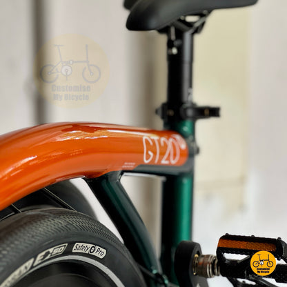 Paintwork on Fnhon GT20 20 inch folding bike Orange Teal Green compact urban commuter foldable bicycle ready for MRT bus travel