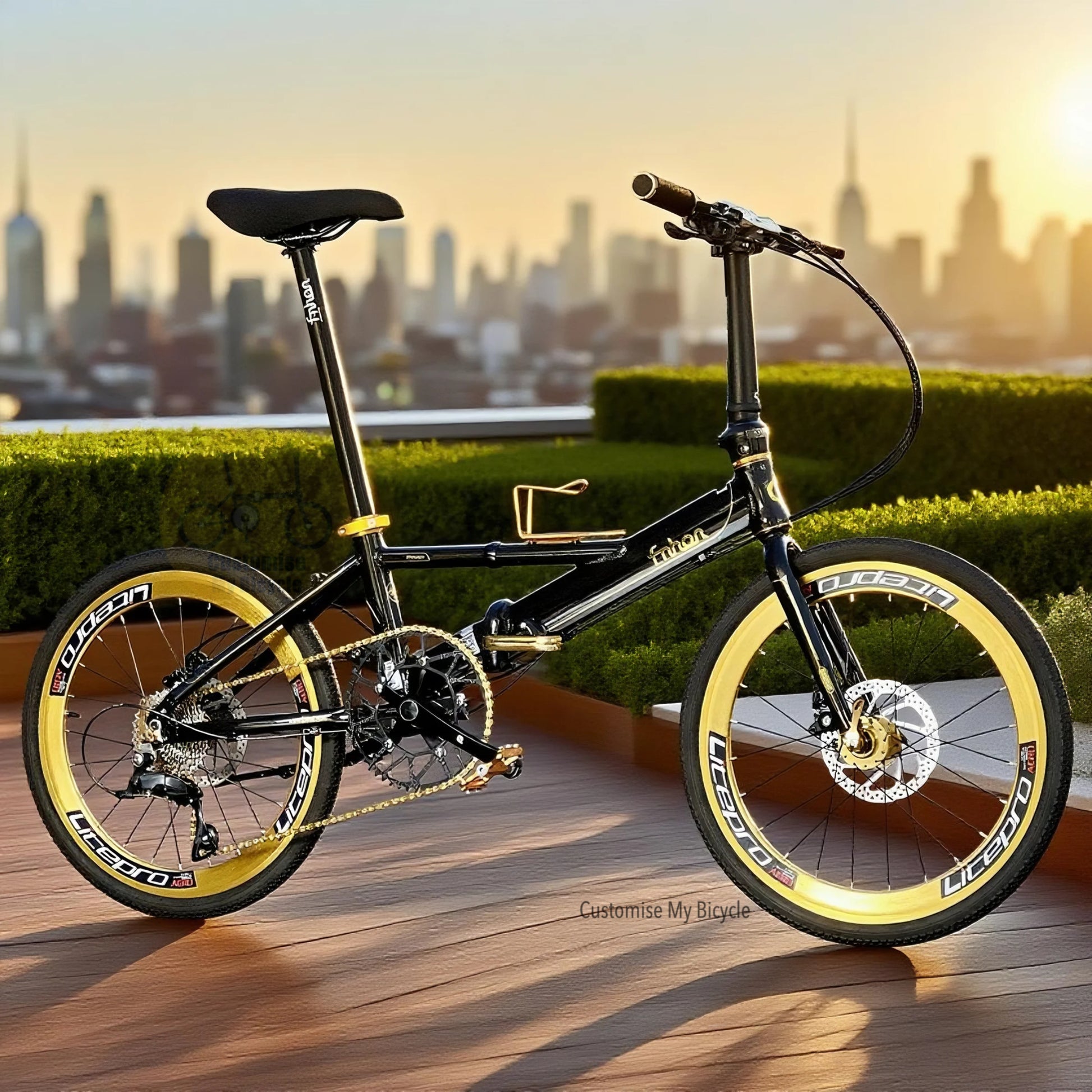 Fnhon Monsoon 22 Inch Black Gold Folding Bike with Lightweight Aluminium Frame and Shimano 9 Gears
