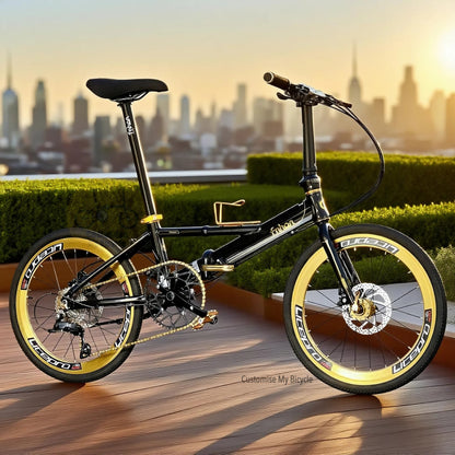 Fnhon Monsoon 22 Inch Black Gold Folding Bike with Lightweight Aluminium Frame and Shimano 9 Gears
