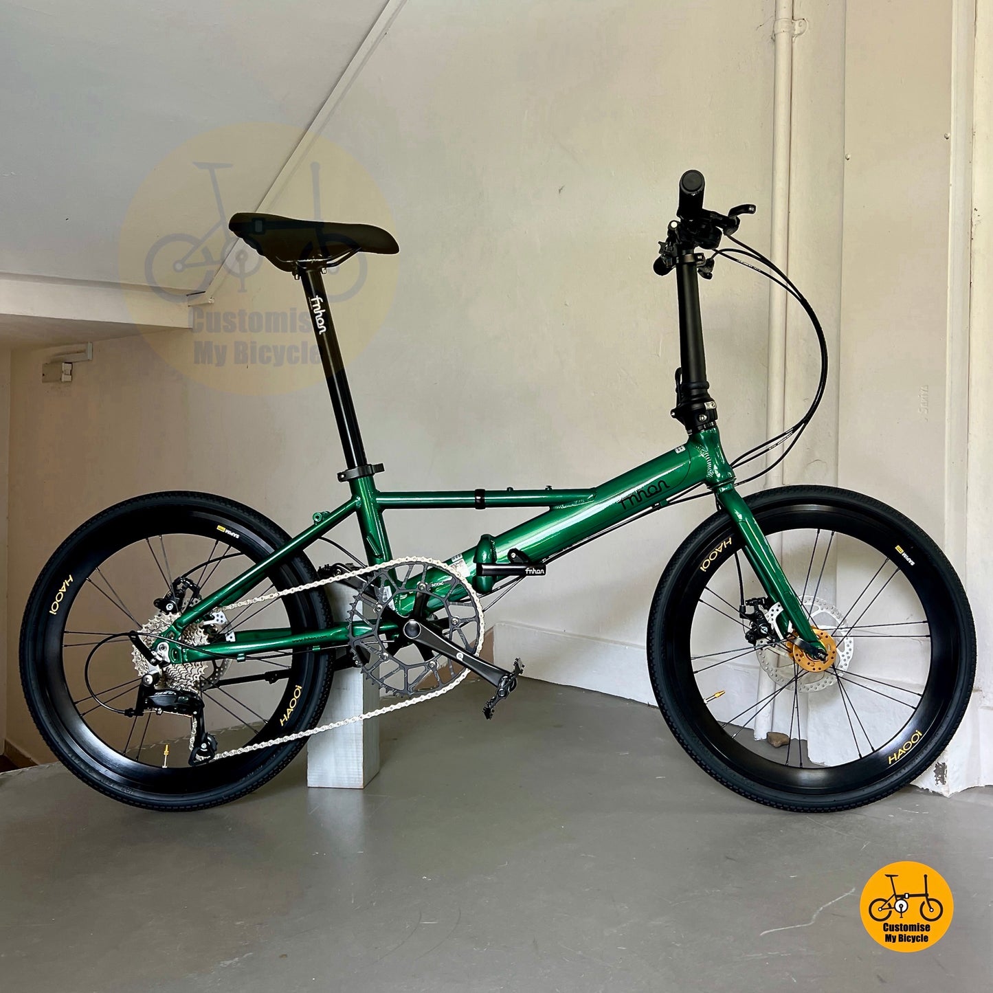 nhon Monsoon 22 inch Folding Bicycle Emerald Green Gold Shimano 9 Speed Lightweight Aluminium Frame  
