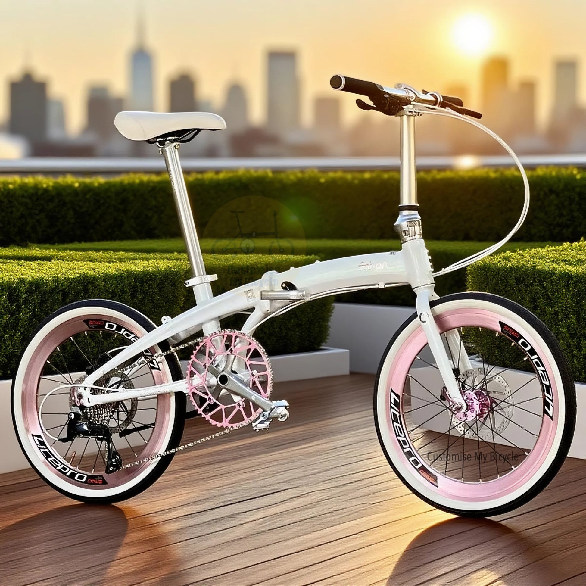 Side view of Fnhon Tornado 20 inch Dreamy White folding bike with Soft Pink wheels
