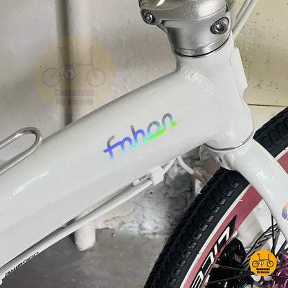 Close-up of a bicycle frame with rainbow 'fnhon' branding against a neutral background