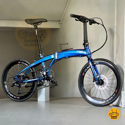 Full shot of Chameleon Blue Fnhon Tornado ready for commute 风行折叠车海豚车架