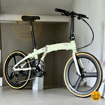 Basikal lipat Fnhon Tornado 22 inci Beige dengan Shimano 9s dan roda karbon
