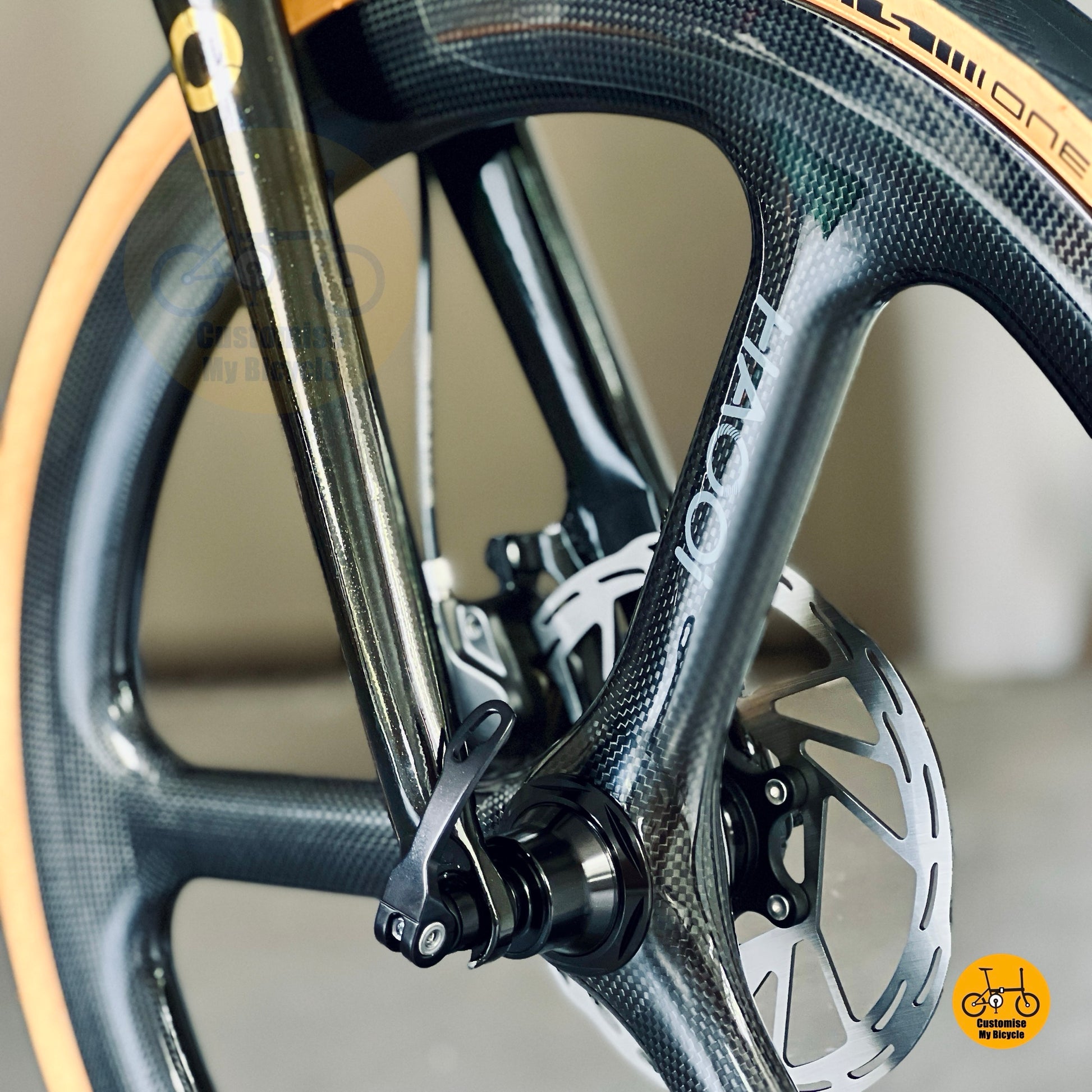 Close up HAOOI Carbon Ultra front wheel with Schwalbe One tyre