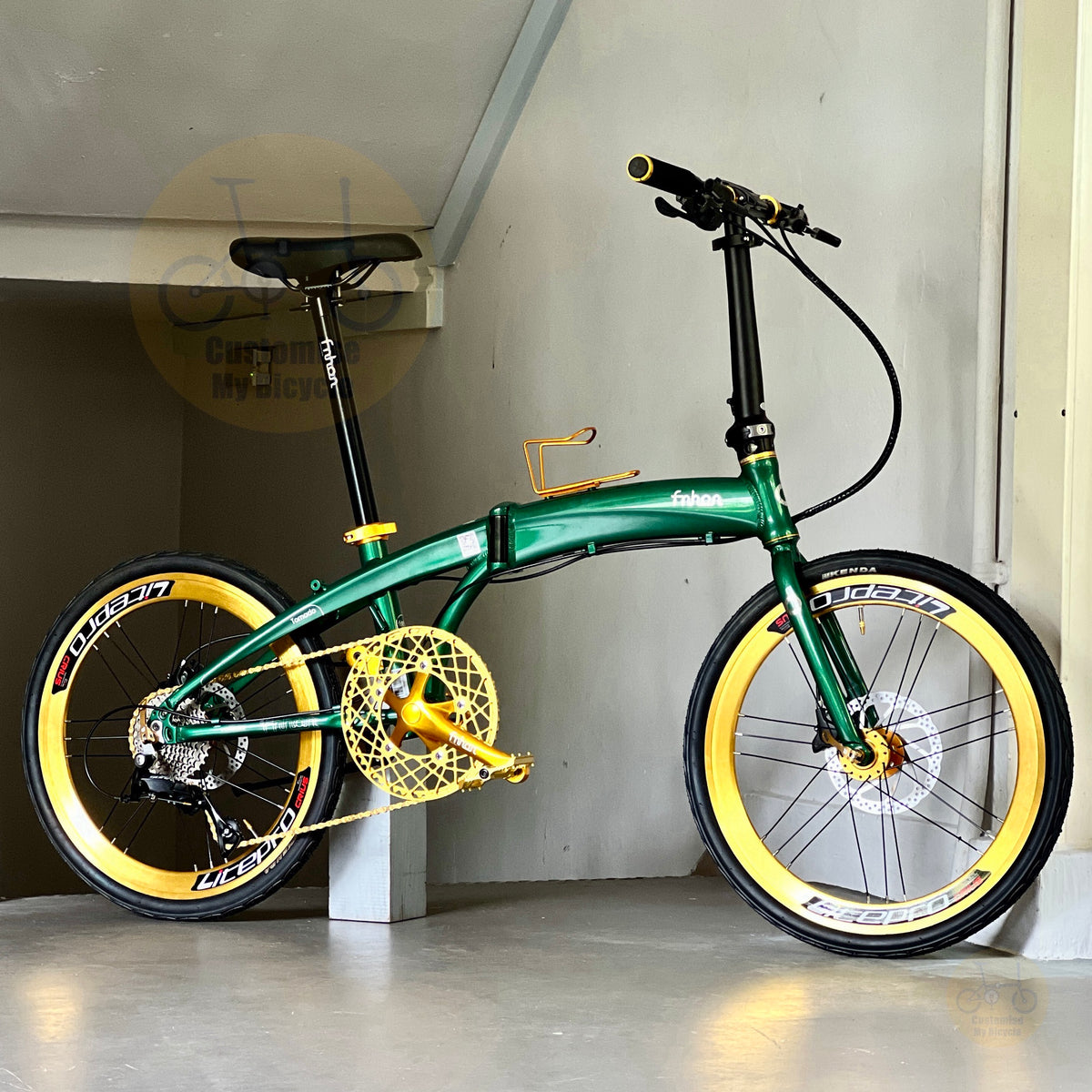 Basikal Lipat Fnhon Tornado 22 Inci Warna Hijau Zamrud Dengan Shimano 9 Gear Rangka Aluminium Aerodinamik Roda Profil Tinggi Litepro Dan Tayar KENDA CST