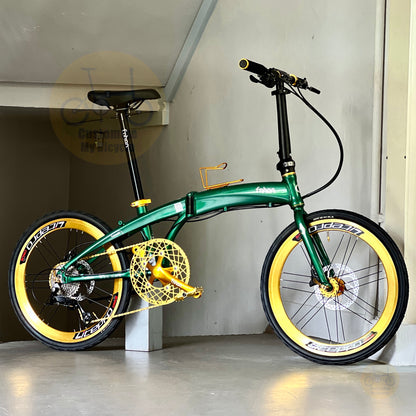 Basikal Lipat Fnhon Tornado 22 Inci Warna Hijau Zamrud Dengan Shimano 9 Gear Rangka Aluminium Aerodinamik Roda Profil Tinggi Litepro Dan Tayar KENDA CST